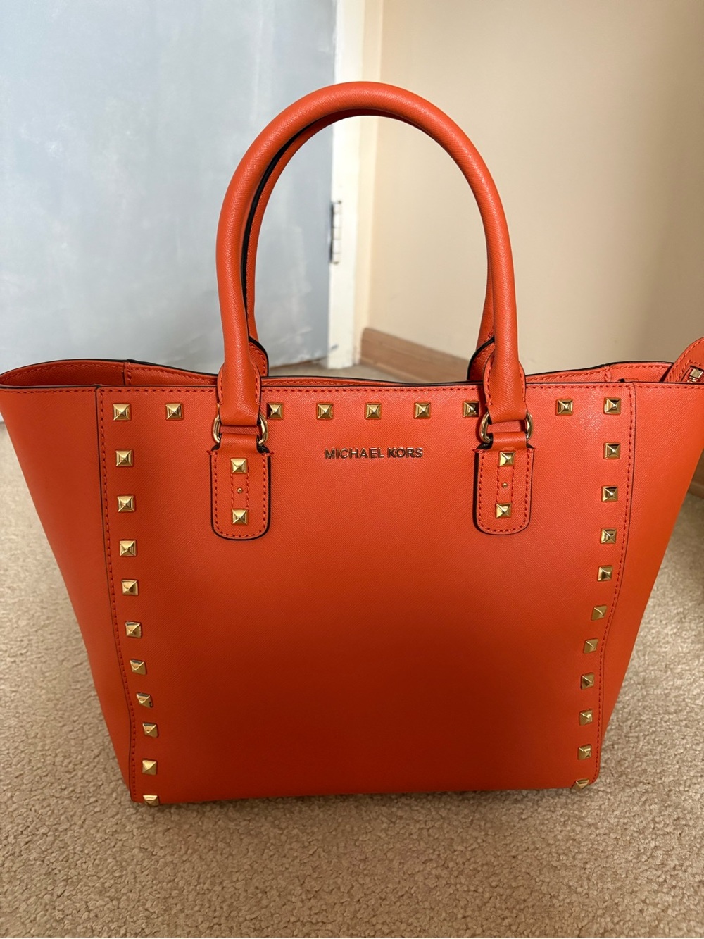 Michael Kors Orange Saffiano Tote with Gold Stud Accents
